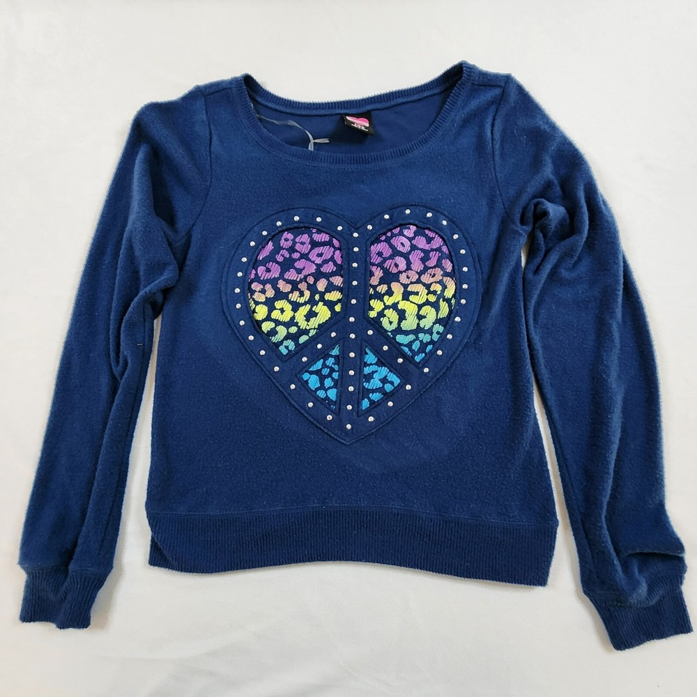 Hard Candy Heart Peace Sign Rainbow Pullover Blue Sweater Girls S